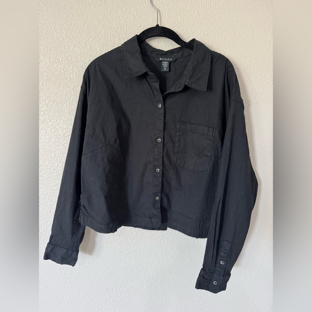 Athleta Black Collared Cropped Button Down Long Sleeve Shirt Women’s Size XL